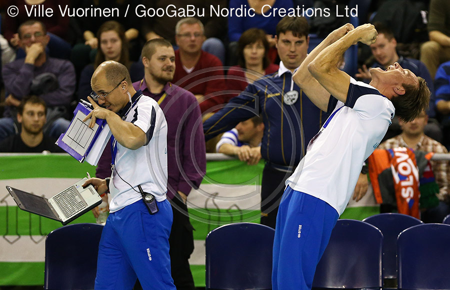 Tuomas Sammelvuo (Finnish Head Coach) - lets out a Lions roar as Finland clinch the place in World Cup 2014.